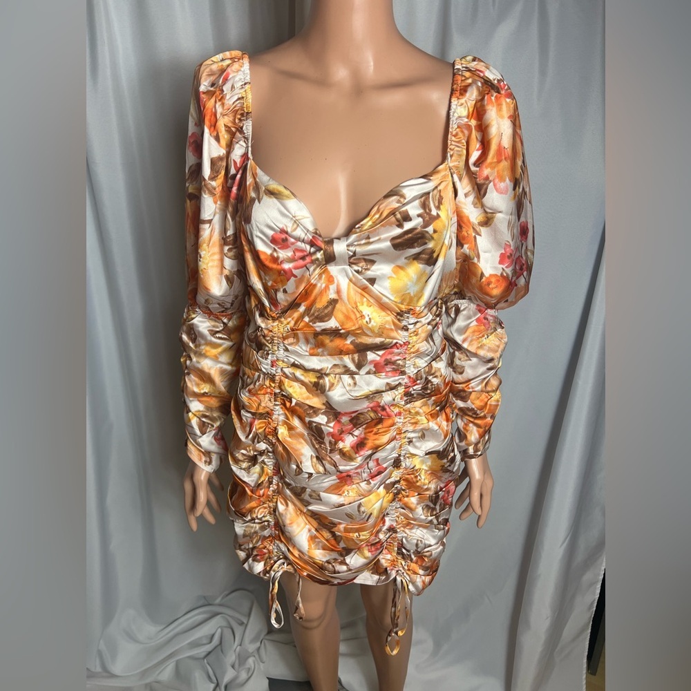 A.Peach Ruched Floral Mini Dress Puff Sleeves Fall Tones Size L